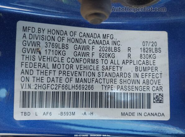 2HGFC2F66LH569266 2020 HONDA CIVIC Blue ძრავის განყოფილების ხედი