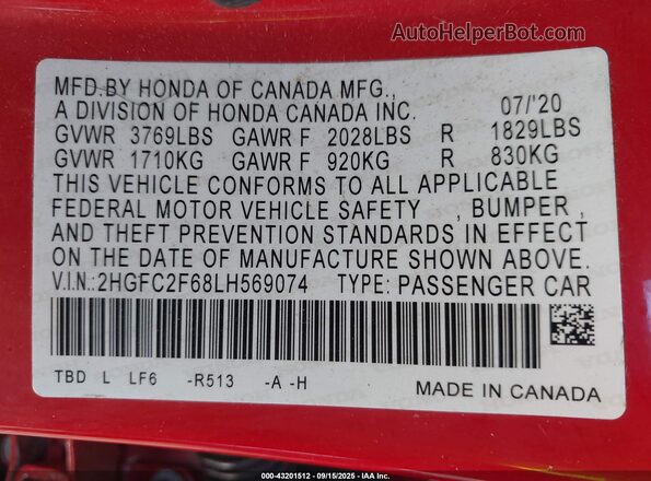 2HGFC2F68LH569074 2020 HONDA CIVIC Red Widok komory silnika