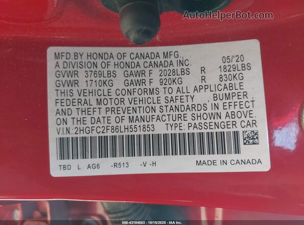 2HGFC2F86LH551853 2020 HONDA CIVIC Red Engine compartment view