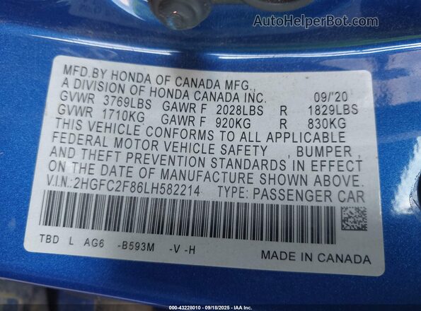 2HGFC2F86LH582214 2020 HONDA CIVIC Blue Widok komory silnika