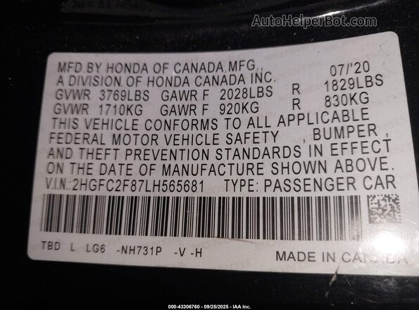 2HGFC2F87LH565681 2020 HONDA CIVIC Black Widok komory silnika