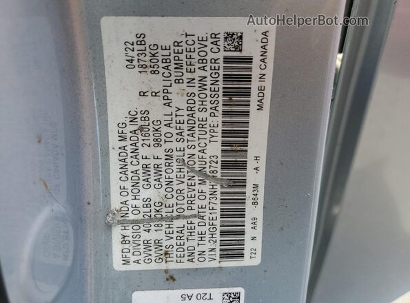 2HGFE1F73NH318723 2022 HONDA CIVIC Blue Вид підкапотного простору