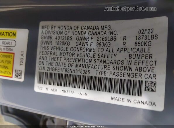 2HGFE1F92NH315085 2022 HONDA CIVIC Gray Vista del compartimento del motor
