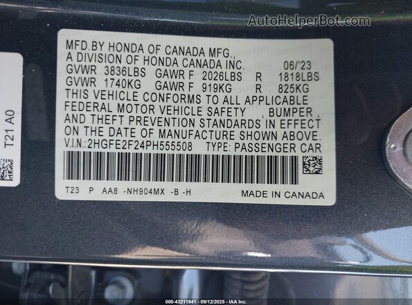 2HGFE2F24PH555508 2023 HONDA CIVIC Gray Vista del compartimento del motor