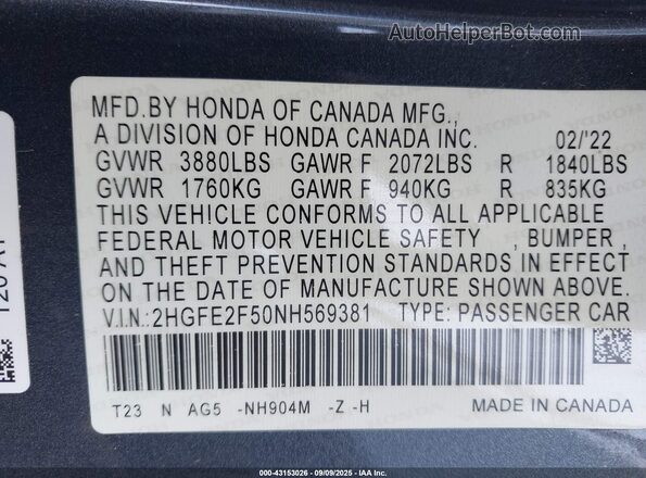 2HGFE2F50NH569381 2022 HONDA CIVIC Gray Շարժիչի բաժամունքի տեսք