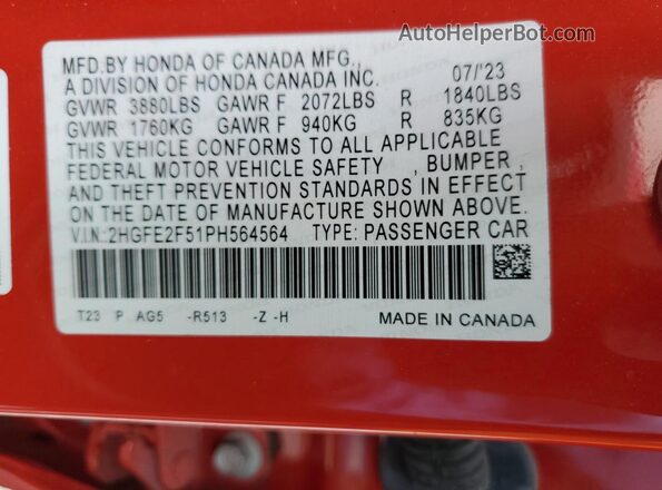 2HGFE2F51PH564564 2023 HONDA CIVIC Red 