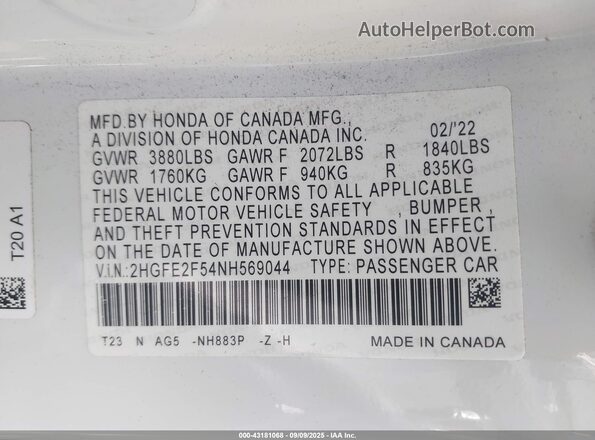 2HGFE2F54NH569044 2022 HONDA CIVIC White ძრავის განყოფილების ხედი