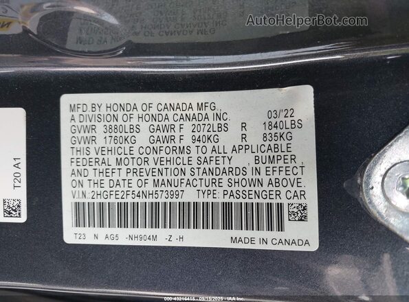 2HGFE2F54NH573997 2022 HONDA CIVIC Gray ძრავის განყოფილების ხედი