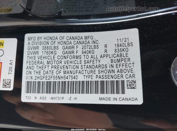 2HGFE2F55NH547540 2022 HONDA CIVIC Black 