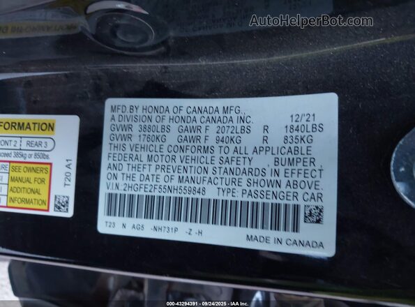 2HGFE2F55NH559848 2022 HONDA CIVIC Black Vista del compartimento del motor