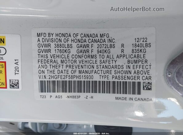 2HGFE2F58PH515930 2023 HONDA CIVIC White Вид підкапотного простору