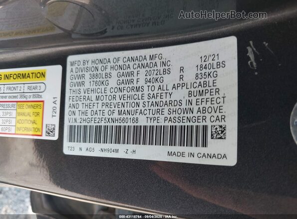 2HGFE2F5XNH560168 2022 HONDA CIVIC Gray Շարժիչի բաժամունքի տեսք