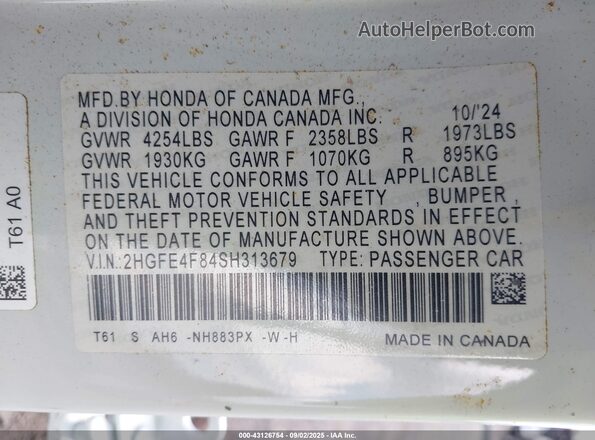2HGFE4F84SH313679 2025 HONDA CIVIC HYBRID White 