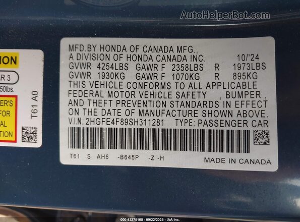 2HGFE4F89SH311281 2025 HONDA CIVIC HYBRID Dark Blue 
