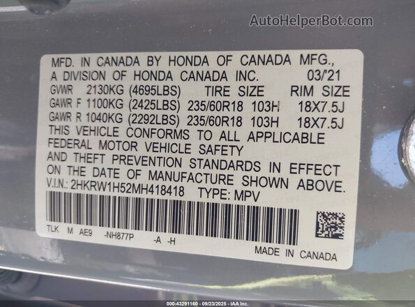 2HKRW1H52MH418418 2021 HONDA CR-V Gray Vista del compartimento del motor