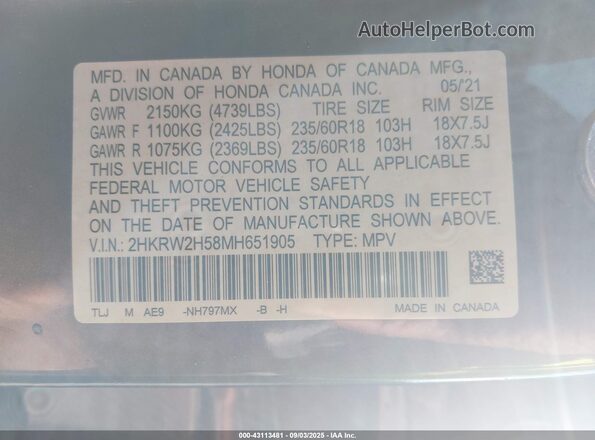2HKRW2H58MH651905 2021 HONDA CR-V Gray Engine compartment view