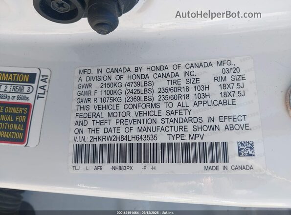 2HKRW2H84LH643535 2020 HONDA CR-V White Շարժիչի բաժամունքի տեսք