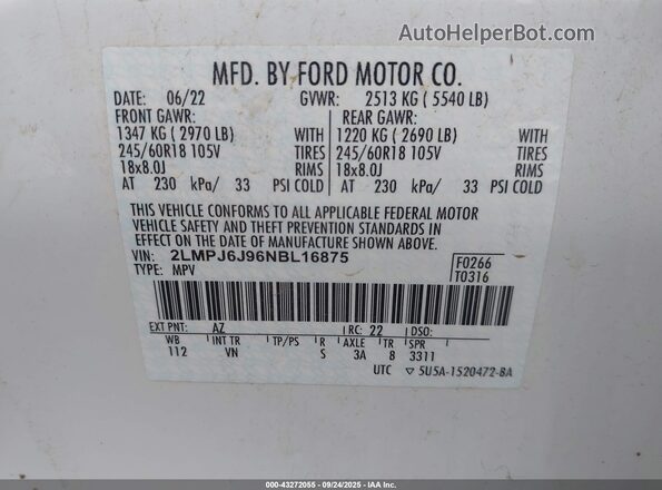 2LMPJ6J96NBL16875 2022 LINCOLN NAUTILUS White Вид підкапотного простору