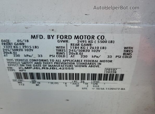 2LMPJ6LR9JBL42555 2018 LINCOLN MKX White 