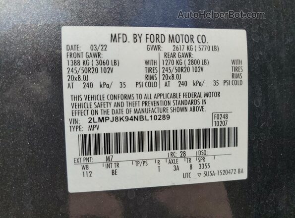 2LMPJ8K94NBL10289 2022 LINCOLN NAUTILUS Gray 