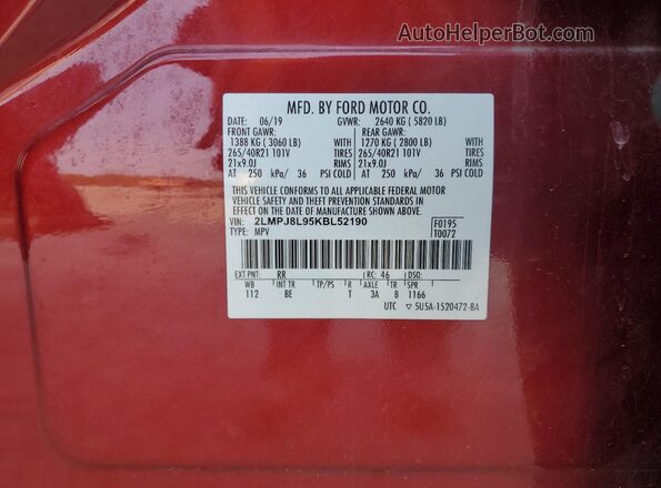 2LMPJ8L95KBL52190 2019 LINCOLN NAUTILUS Red Շարժիչի բաժամունքի տեսք