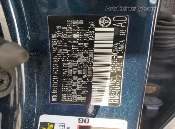 2T1BURHE4KC230845 2019 TOYOTA LL Blue Vista de la etiqueta del VIN
