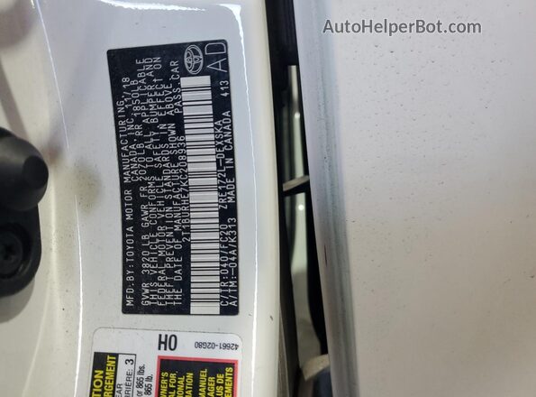 2T1BURHE7KC208936 2019 TOYOTA LL White Vista del compartimento del motor