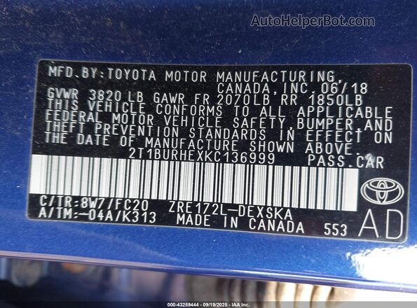 2T1BURHEXKC136999 2019 TOYOTA LL Blue Engine compartment view