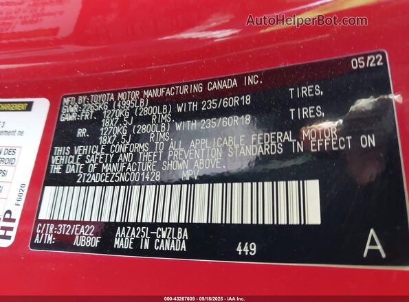 2T2ADCEZ5NC001428 2022 LEXUS NX 250 Red Շարժիչի բաժամունքի տեսք