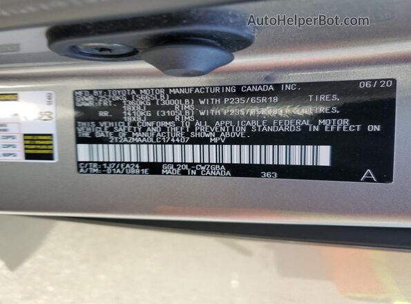 2T2AZMAA0LC174407 2020 LEXUS RX Gray VIN კოდის სტიკერის ხედი