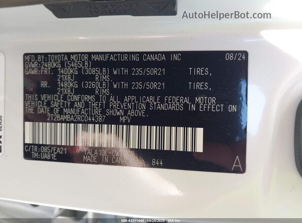 2T2BAMBA2RC044387 2024 LEXUS RX 350 White Engine compartment view