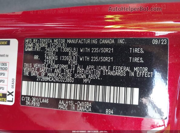 2T2BBMCA2RC023860 2024 LEXUS RX 350H Red Engine compartment view