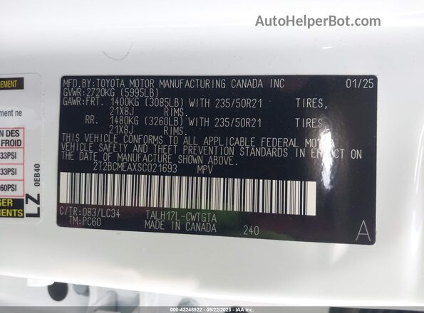 2T2BCMEAXSC021693 2025 LEXUS RX White Widok komory silnika