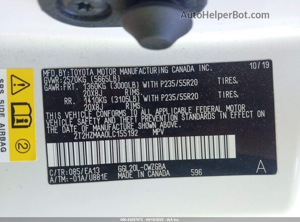 2T2HZMAA0LC155192 2020 LEXUS RX White Вид підкапотного простору