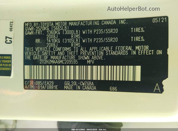 2T2HZMAA6MC209595 2021 LEXUS RX 350 Белый Вид подкапотного пространства