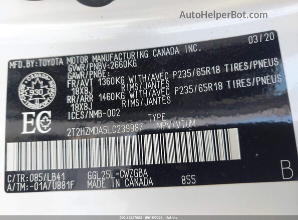 2T2HZMDA5LC239987 2020 LEXUS RX 350 Белый Вид подкапотного пространства