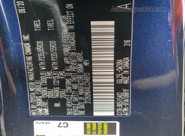 2T2HZMDAXLC248913 2020 LEXUS RX Blue Вид наклейки з VIN-кодом