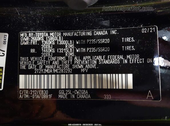 2T2YZMDA1MC283292 2021 LEXUS RX 350 Black Vista del compartimento del motor