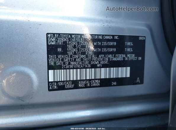 2T3A1RFV7RC471436 2024 TOYOTA LE Silver Vista del compartimento del motor
