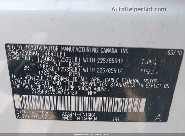 2T3BFREV6JW766120 2018 TOYOTA LE White Вид підкапотного простору