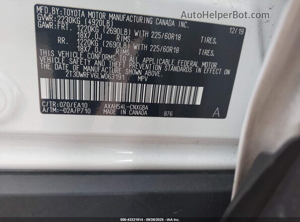 2T3DWRFV6LW063191 2020 TOYOTA LIMITED White Շարժիչի բաժամունքի տեսք