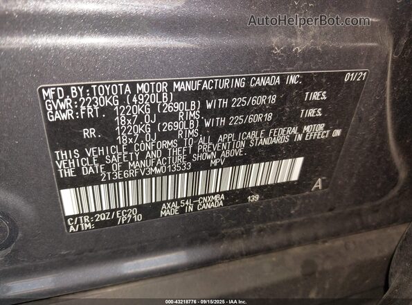 2T3E6RFV3MW013533 2021 TOYOTA RAV4 HYBRID Серый Вид подкапотного пространства
