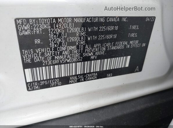 2T3E6RFV5PW038552 2023 TOYOTA RAV4 White Engine compartment view