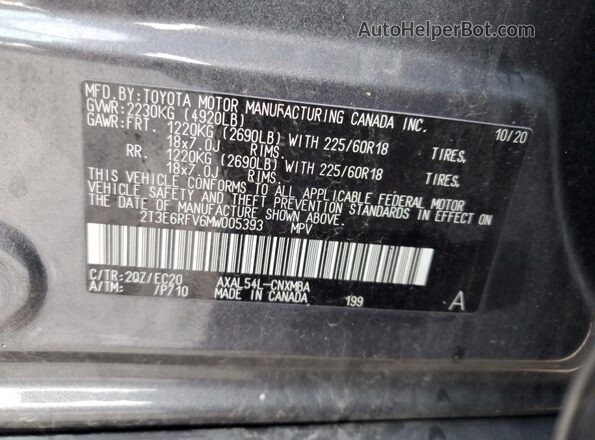2T3E6RFV6MW005393 2021 TOYOTA RAV4 Gray Вид наклейки з VIN-кодом