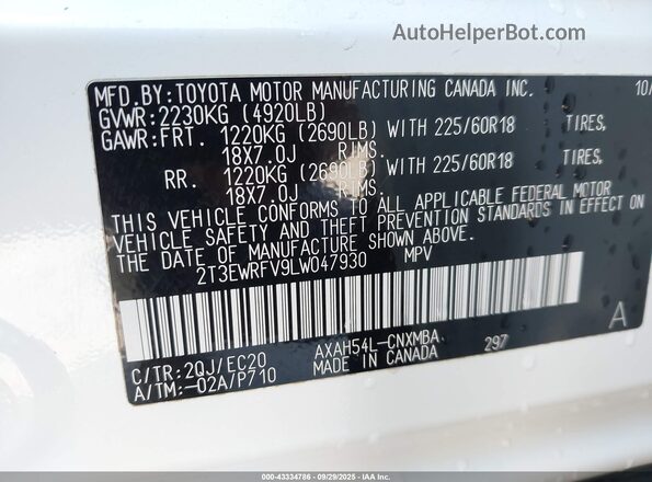 2T3EWRFV9LW047930 2020 TOYOTA RAV4 HYBRID White Вид підкапотного простору
