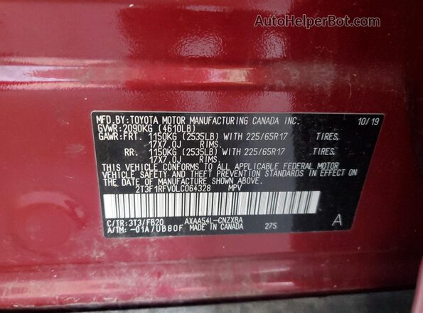 2T3F1RFV0LC064328 2020 TOYOTA LE Burgundy Vista de la etiqueta del VIN