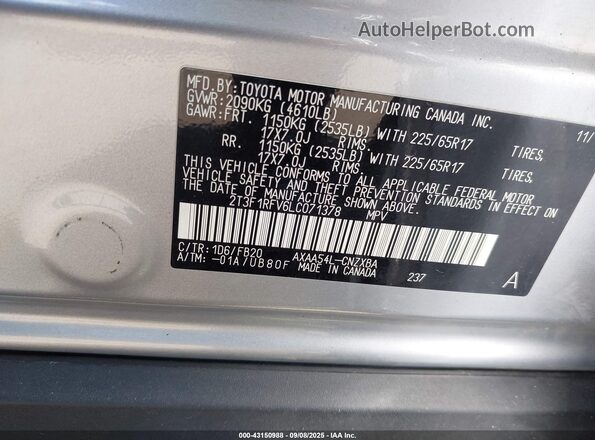 2T3F1RFV6LC071378 2020 TOYOTA LE Silver Vista del compartimento del motor