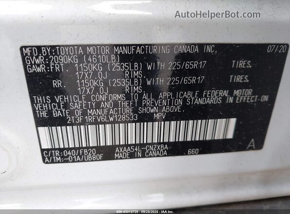 2T3F1RFV6LW128533 2020 TOYOTA LE White Engine compartment view