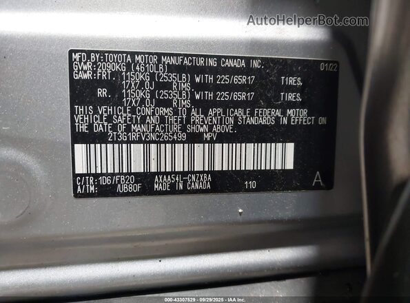 2T3G1RFV3NC265499 2022 TOYOTA LE Серебряный Вид подкапотного пространства