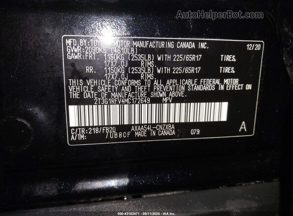 2T3G1RFV4MC172649 2021 TOYOTA LE Черный Вид подкапотного пространства
